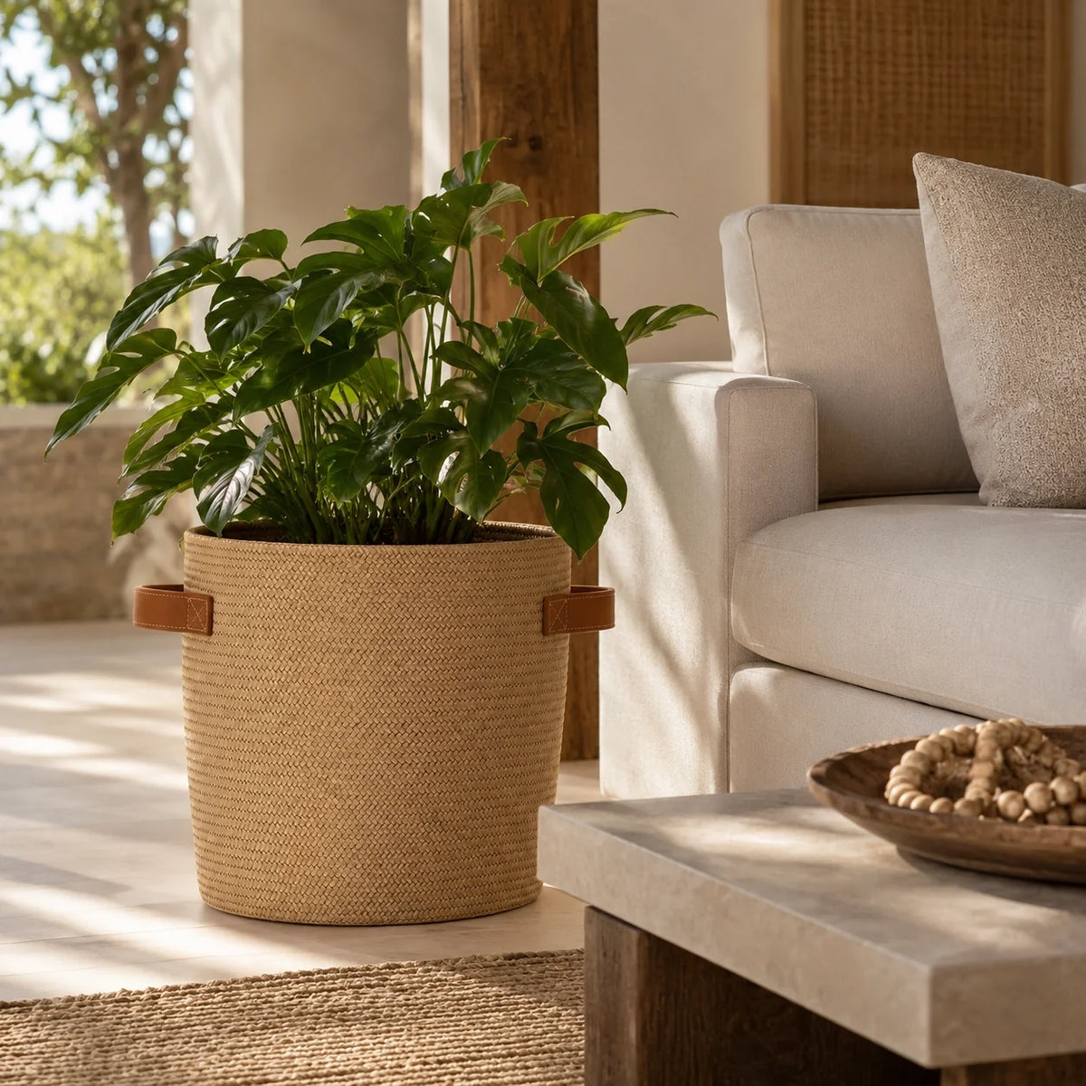 Cachepot Iara em Fibra Natural e Couro Caramelo