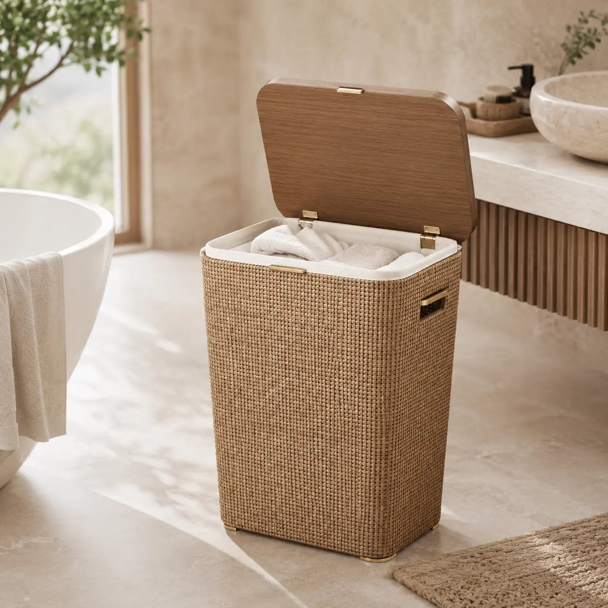 Cesto de Roupas Liora em Rattan Natural e Freijó