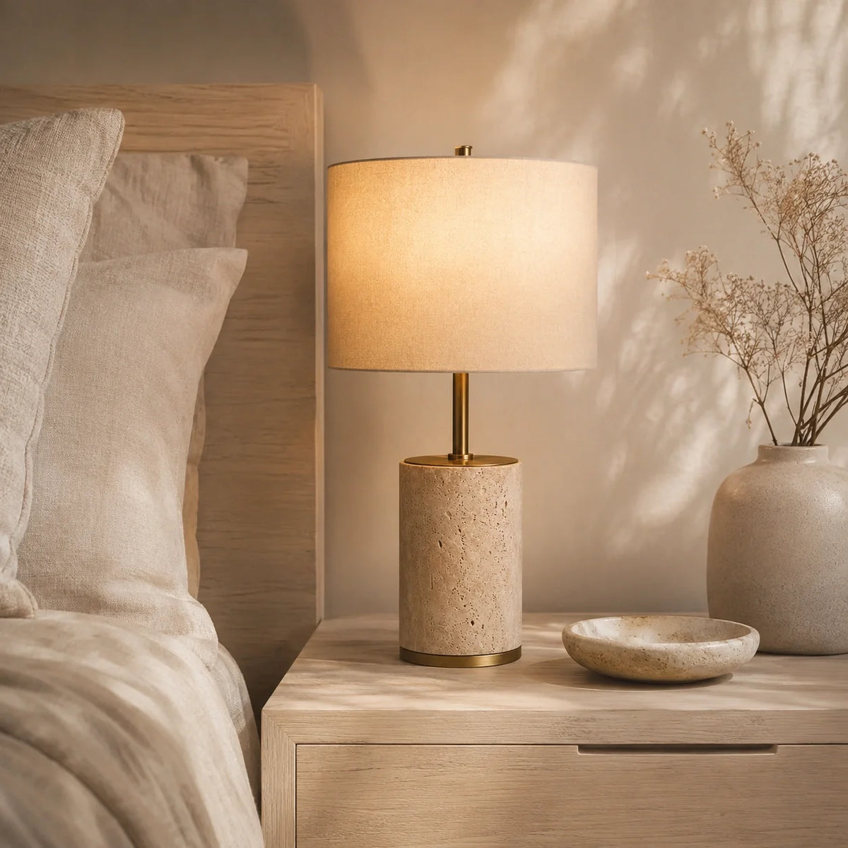 Luminária de Mesa Élin em Travertino e Linho